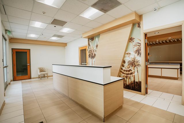 Reception area with front desk and palm tree mural